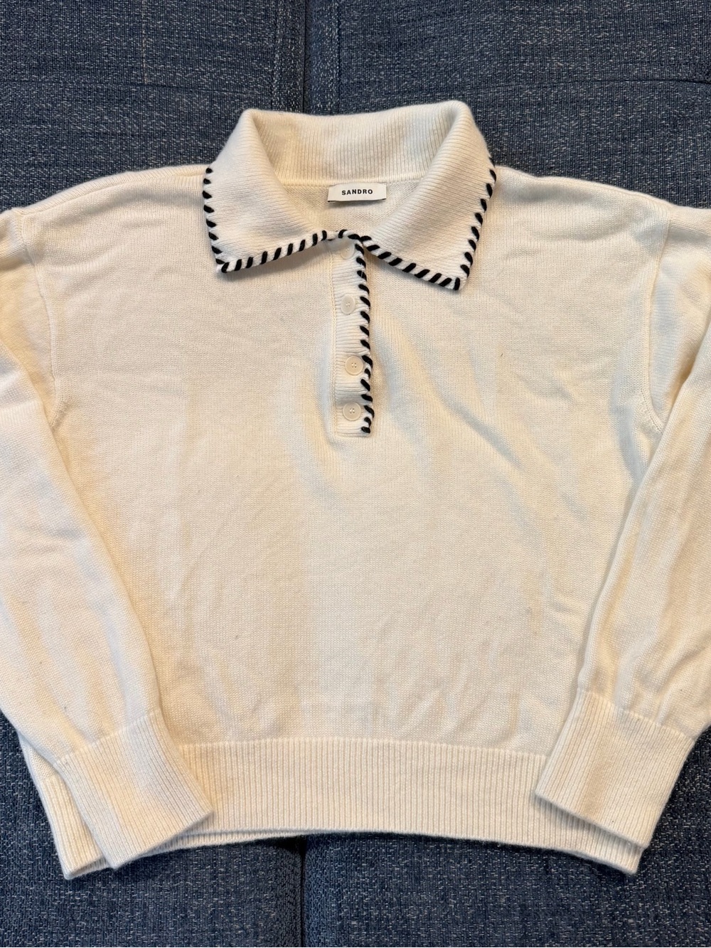 Sandro Cream Polo-Style Knit Sweater with Black Whipstitch